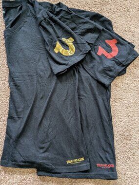 2 True Religion Black V-Neck Men's Shirts size large gold red decals cotton